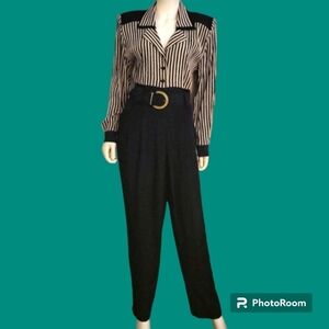 VTG MENU 1980s Striped Belted High Waist Landgirl Power Jumpsuit